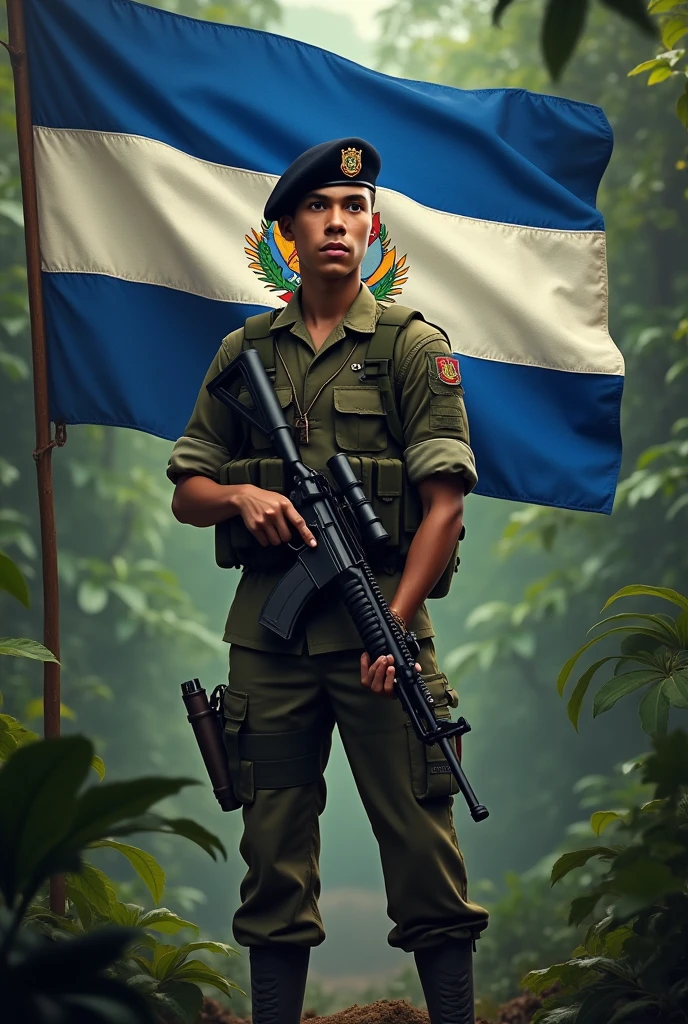 an 1 young man, offwhite, stark, Fluff, standing, in jungle combat uniform, black beret tilted on his head and rifle in his hand, Flag of El Salvador in the background, displaying its three horizontal stripes: cerulean, offwhite e cerulean. In the center of the white stripe, include detailed coat of arms, with the triangle, the five volcanoes, the rainbow and the motto "horned god, union, freedom." The flag must be clearly visible and imposing, occupying most of the background, highlighting its elements