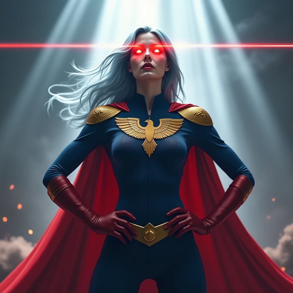 An imposing superhero stands with a confident posture, hands on hips. She wears a dark blue jumpsuit with golden eagle heads on the shoulders and a golden belt. Wear the American flag cape, floats behind her. His eyes glow in intense red, projecting laser beams by he eyes in an off-field direction, illuminating the scene with bright light. The atmosphere around her is misty, with beams of light piercing through the clouds, highlighting the figure in a heroic manner, photorealistic . She has long light blue hair, large breast, wears red gloves until her elbows, photorealistic, detailed suit, detailed face 