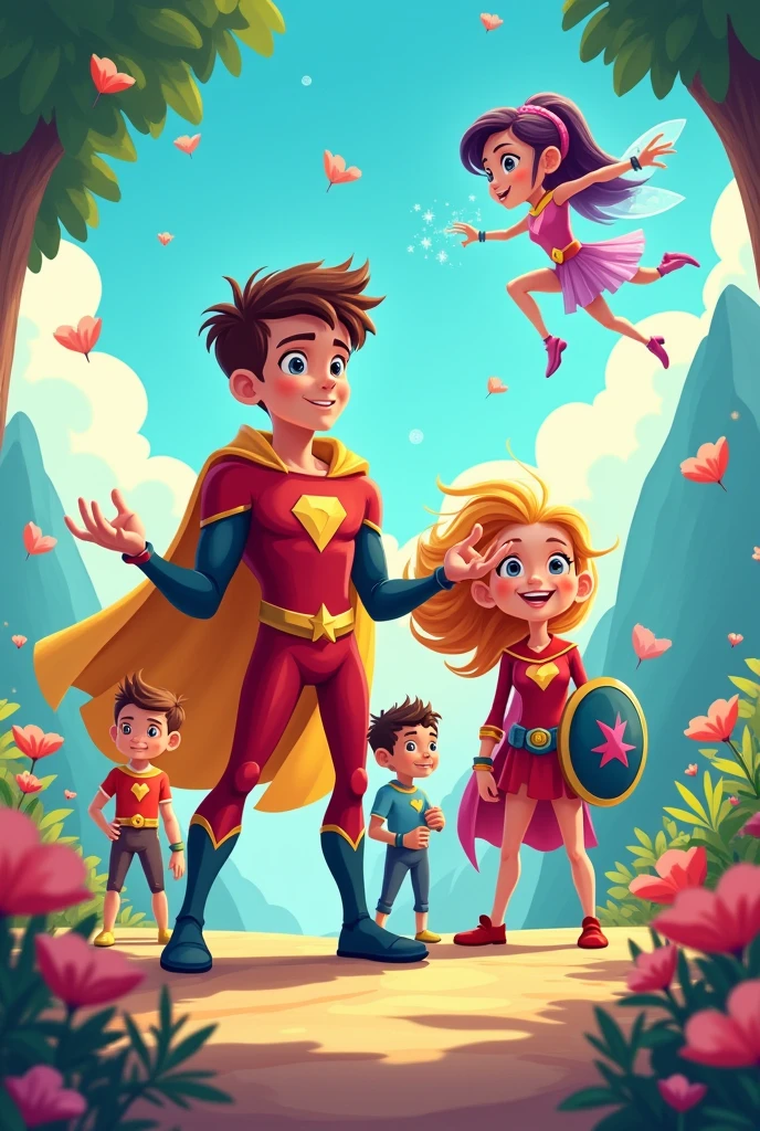 Size and Format:
Image Dimensions: 1024 x 1024 pixels.
style: Colorful and child-friendly, Inspired by illustrations from children's stories.
Characters:
John: Dressed in a red superhero suit and cape, demonstrating his ability to control matter. heroic pose, with hands outstretched as if he were manipulating the environment.
celeste (Crystal): She wears shiny bracelets and a dress that flows like water., giving the impression of movement and fluidity. He should be in a pose that suggests he is using his magical powers..
Santiago (Techno Wiz): Equipped with various technological gadgets visible on his belt and wrists. Your expression should be one of concentration, as if he were about to use one of his devices.
Hellen (Fairy Light): It has translucent wings and an aura that emits a soft glow.. The pose should be ethereal, as if floating slightly above the ground.
Mateo (Shield Master): Holding a large protective shield, in a pose that indicates he is protecting his friends. The shield should be prominent and visually striking..
Environment:
bottom: A magical landscape that reflects an enchanted forest or a mystical kingdom, with vibrant colors and stylized natural elements, like exotic trees and bright flowers.
style Artístico:
The style should be clean and clear, with clean lines and bright colors to catch children's attention.
Characters' facial expressions should be friendly and approachable., transmitting positive emotions and camaraderie among friends.