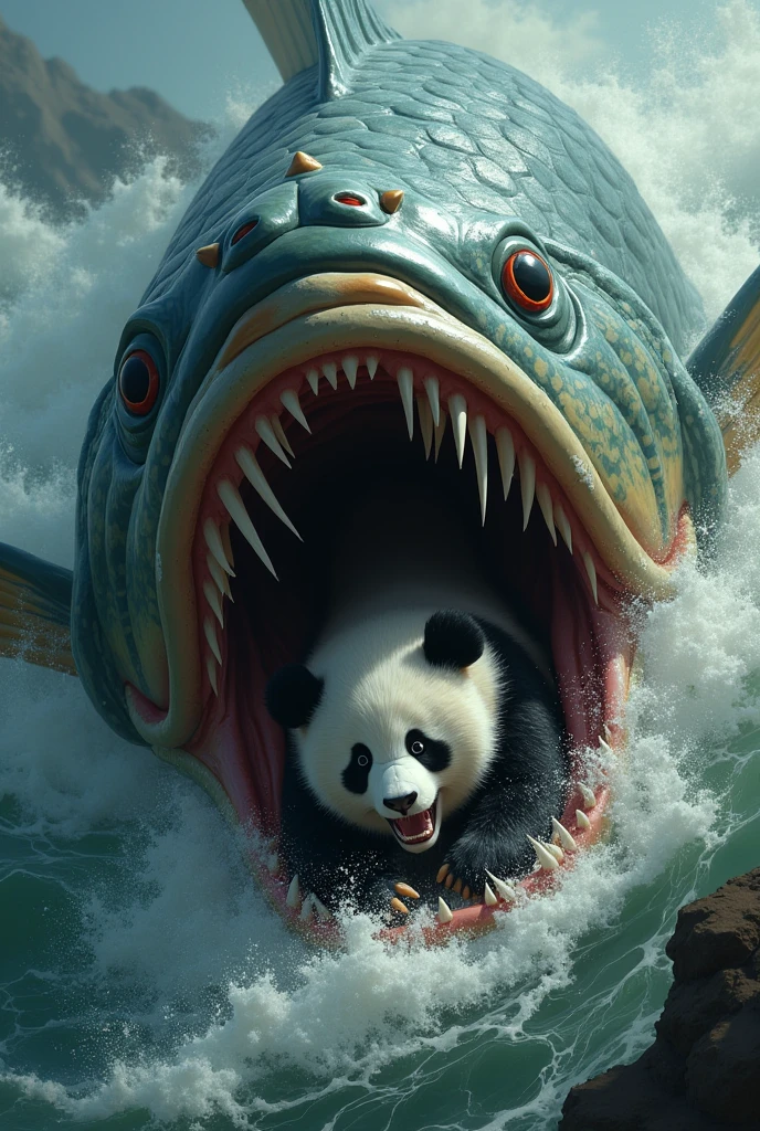 ((Highest quality)), ((masterpiece)), Giant catfish eating a panda in its mouth , The panda is scared,
