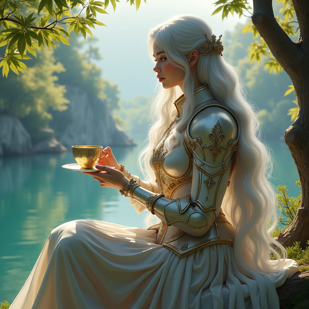Silver Hair, Masterpiece, High Resolution, Best Quality, Award Winning, Super Detailed, UHD, Silver Hair Goddess with long beautiful hairs sitting near a tree by a seren lake enjoying a cup of tea looking at the beautiful landscape with her beautiful blue eyes, claded in white and gold enchanting full plated Armour 