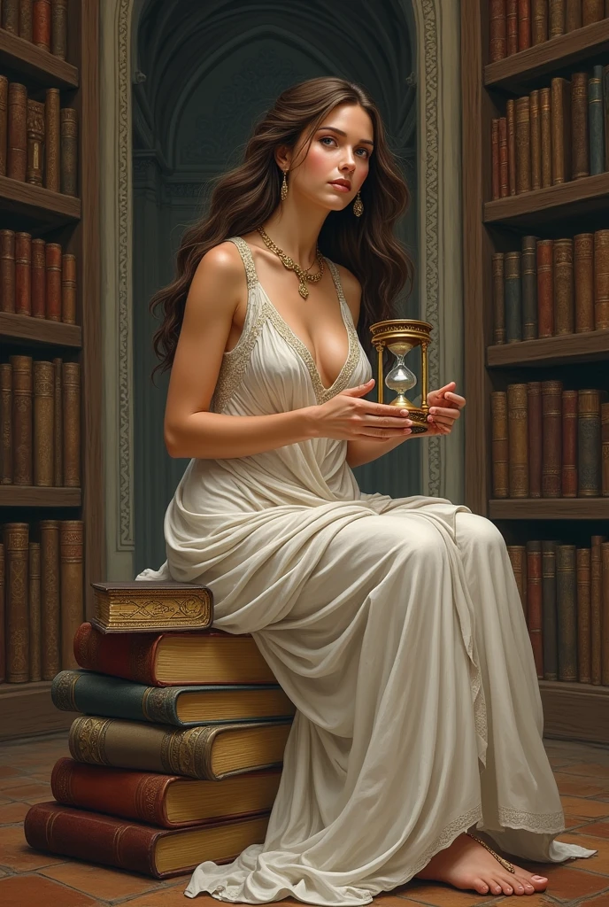 Drawing of a woman with fair skin, brown hair, dark brown eyes dressed as a Greek goddess sitting on a pile of books with a library in the background and holding an hourglass 

