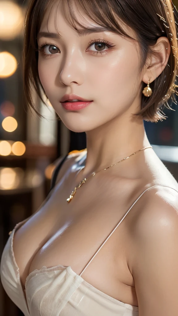 (Photorealistic, 32k, RAW photo, best quality:1.4), (masterpiece:1.3), (ultra high resolution, ultra realistic, highly detailed, golden ratio, ultra detailed), 1 beautiful woman, natural makeup, intricate cloth texture, finely detailed hair texture, beautiful full-body, perfect female form, anatomically accurate, highly detailed face and skin, (elegant hands), (realistic skin), (beautiful pale skin:1.1), (upper body, extreme close-up:1.8), (Oversized Breasts, generous cleavage1.3), (Wearing white Slip Dress:1.5), (Earrings, Pendant),
BREAK,
realistic eyes, captivating detailed eyes, symmetric eyes, light brown eyes, double eyelids, thin eyebrows, (glossy lips:1.4), (face waiting for kiss, blush:1.3),
BREAK,
((short bob cut, dark brown hair, bangs:1.2)), (Moonlit night, terrace:1.3)