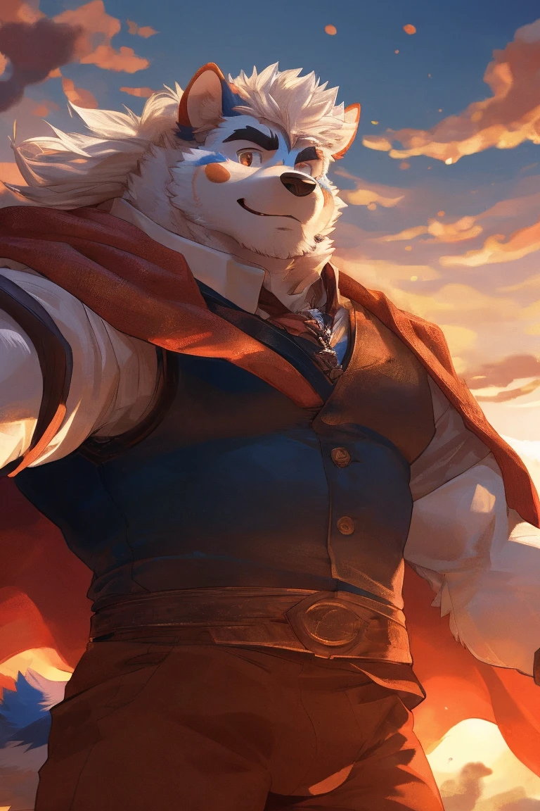 human nature, Wildlife, male,1,medium long snout, chubby ,big medium fat body, solitary, ((Round Face, The face is plump,Orange eyes,Thick white hair，)), ((Endomorph, Handsome，enthusiasm)), （nude，action), ((domestic 犬, Dog Orc，) Fluffy fur, Fluffy), Bokeh, (high quality, high resolution, masterpiece), (Dynamic Lighting, Vibrant colors，Natural fill light), (Revitalize，Disdain，aggressive), Full body picture (close up), cartoon, author：Takemoto Arashi, From zixiong, By Chunni, author：Empty Ghost，（background：peaceful spring afternoon),19'0 tall (full body art landscape),cool pose,smirk,orange cape in the back