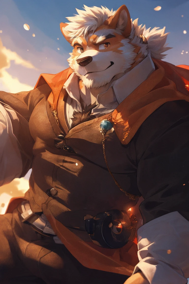 human nature, Wildlife, male,1,medium long snout, chubby ,big medium fat body, solitary, ((Round Face, The face is plump,Orange eyes,Thick white hair,)), ((Endomorph, Handsome,enthusiasm)), (nude,action), ((domestic 犬, Dog Orc,) Fluffy fur, Fluffy), Bokeh, (high quality, high resolution, masterpiece), (Dynamic Lighting, Vibrant colors,Natural fill light), (Revitalize,Disdain,aggressive), Full body picture (close up), cartoon, author:Takemoto Arashi, From zixiong, By Chunni, author:Empty Ghost,(background:peaceful spring afternoon),19'0 tall (full body art landscape),cool pose,smirk,orange cape in the back