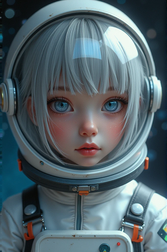 (Get a closer look at more masterpieces:1.5)0.9], (Space and astronauts:1.2) (Messy silver hair:1.1) (Heterochromia xanthochromia and blue eyes:1.2) (Space Helmet:1.0) (Colored stars in the eyes:1.0) (shining:1.1) (thick lips:0.9)Upper body