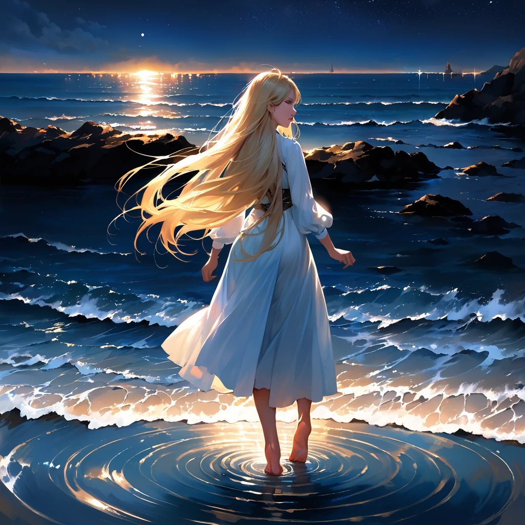 (close:1.4)、(RAW Photos:1.2)、(Realistic:1.4)、(masterpiece:1.3)、(Highest quality:1.4)、日本のgirl、(Night view:1.2)、Light clothing、(Medieval Knight、girl、long hair、Blonde)、Step into the sea、Standing on tiptoes、landscape、Between the horizon and the sea、Side view、Ripples spreading from the toes、Standing about 20 meters away、On the Sea、The whole scene is Shiny O's、illumination、