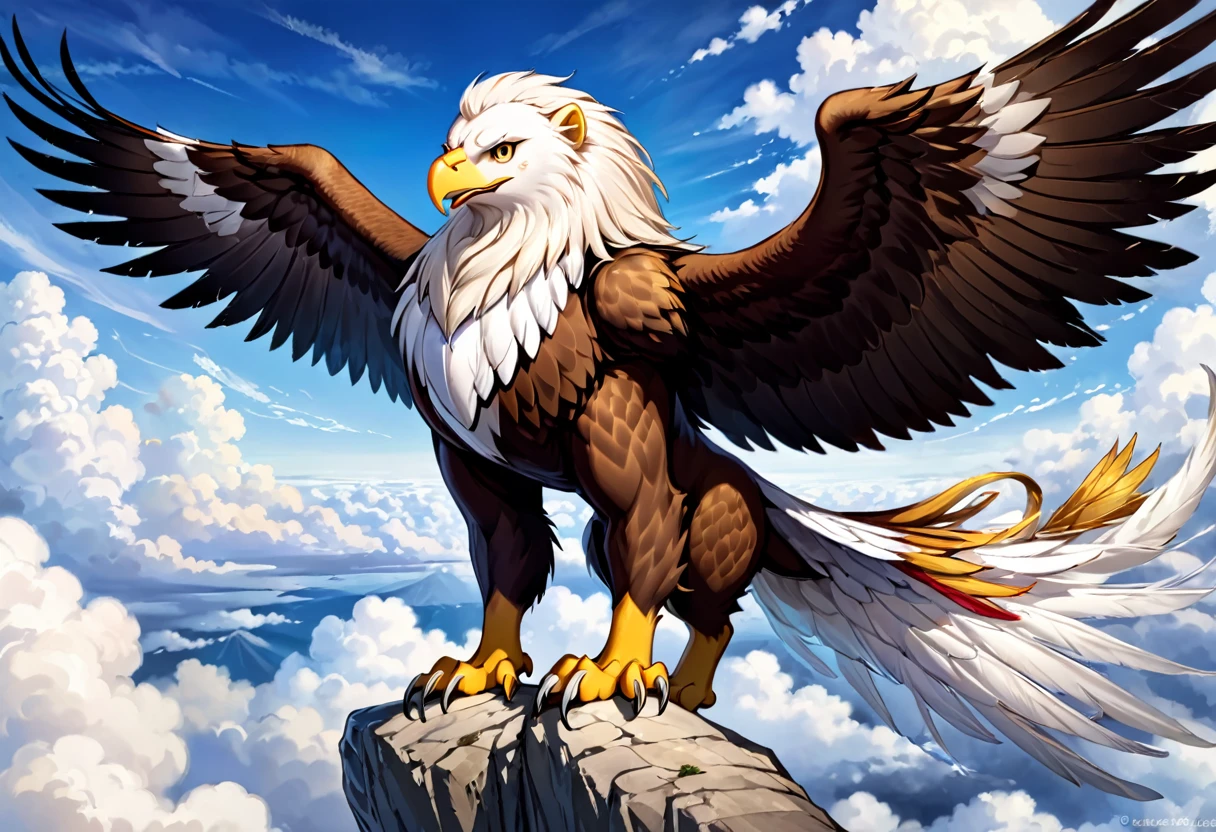 A griffin (head and mane of a white eagle, huge eagle wings attached to the shoulders, fore legs and talons of a bald eagle, body and hind legs of a lion, lion tail) flies majestically in the clouds