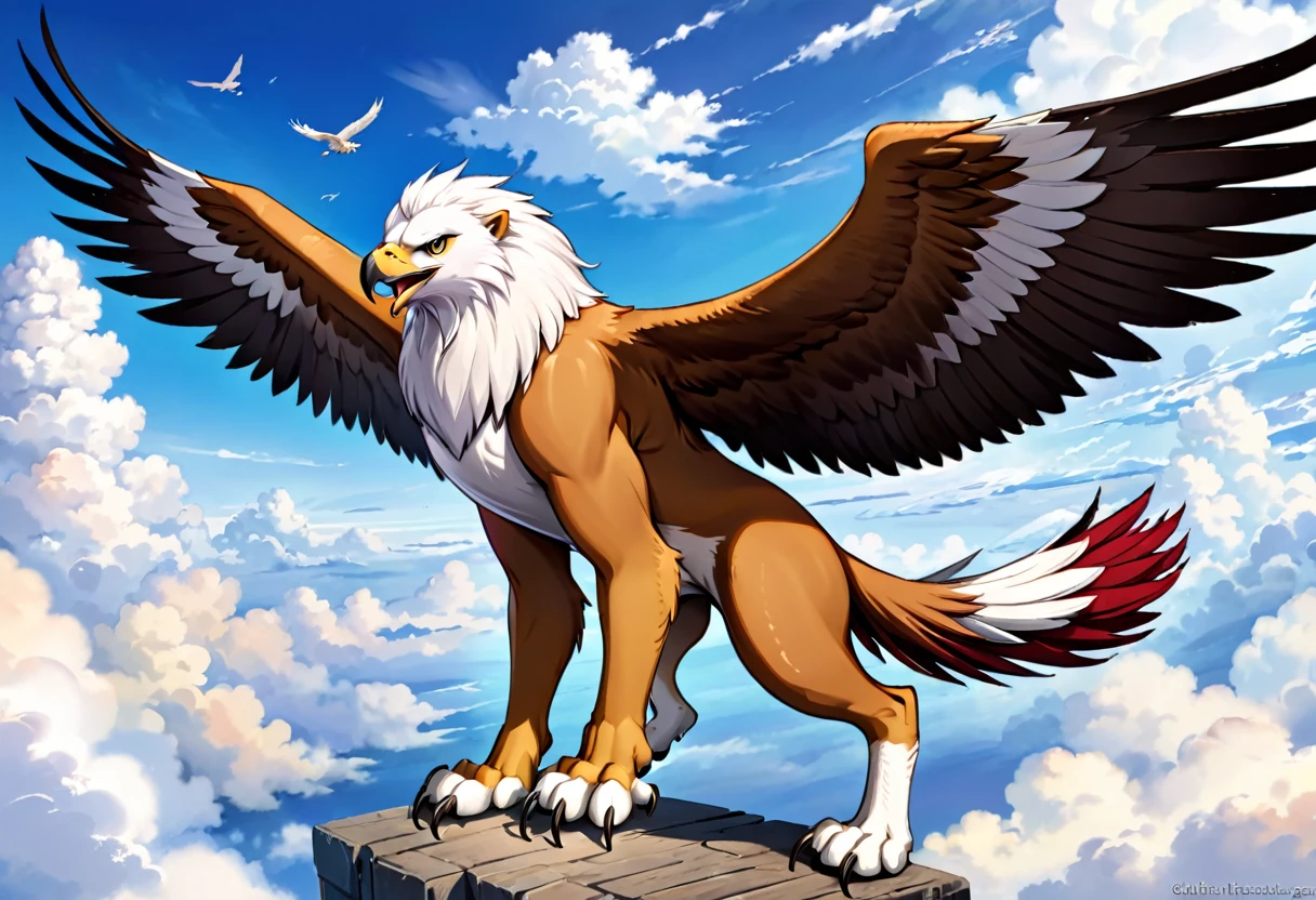 A griffin (head and mane of a white eagle, huge eagle wings attached to the shoulders, fore legs and talons of a bald eagle, body and hind legs of a lion, lion tail) flies majestically in the clouds
