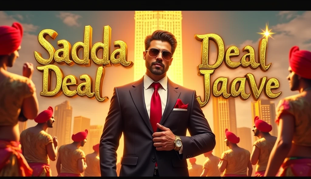 Here’s a detailed thumbnail prompt for a song titled "Sadda Deal Ban Jaave,"
**Prompt:**
Create a vibrant and eye-catching thumbnail for a Punjabi pop song titled "Sadda Deal Ban Jaave." The background should feature a luxurious golden skyscraper, reminiscent of Trump's iconic towers, shining brightly against a sunset-lit cityscape. In the foreground, depict a confident, charismatic figure wearing a stylish suit with a red tie, embodying the bold persona associated with Trump. Surround him with elements of Punjabi culture, such as a traditional Punjabi dhol, colorful turbans, and bhangra dancers. The song title "Sadda Deal Ban Jaave" should be in large, bold, gold letters with a metallic finish, reflecting opulence. The text should have a 3D effect to make it stand out, and a subtle sparkle effect should enhance the luxury vibe. Make sure the overall vibe is grand, celebratory, and powerful, blending traditional Punjabi elements with modern, high-end aesthetics.