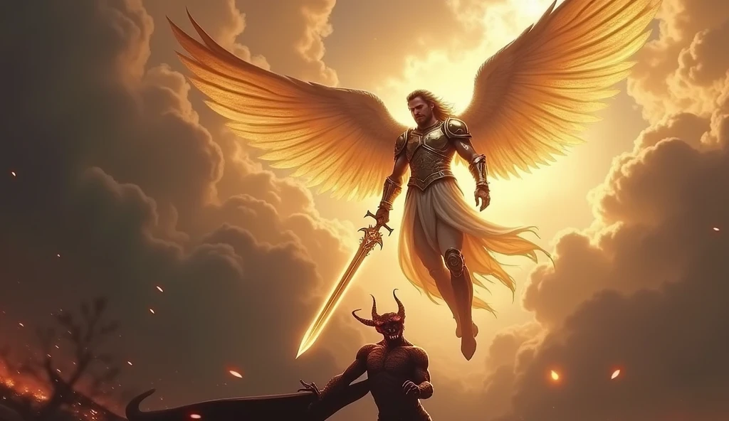 Angel Michael descending from heaven with a sword in his hand and armor, the sky is scary. at your feet on your knees is a demon