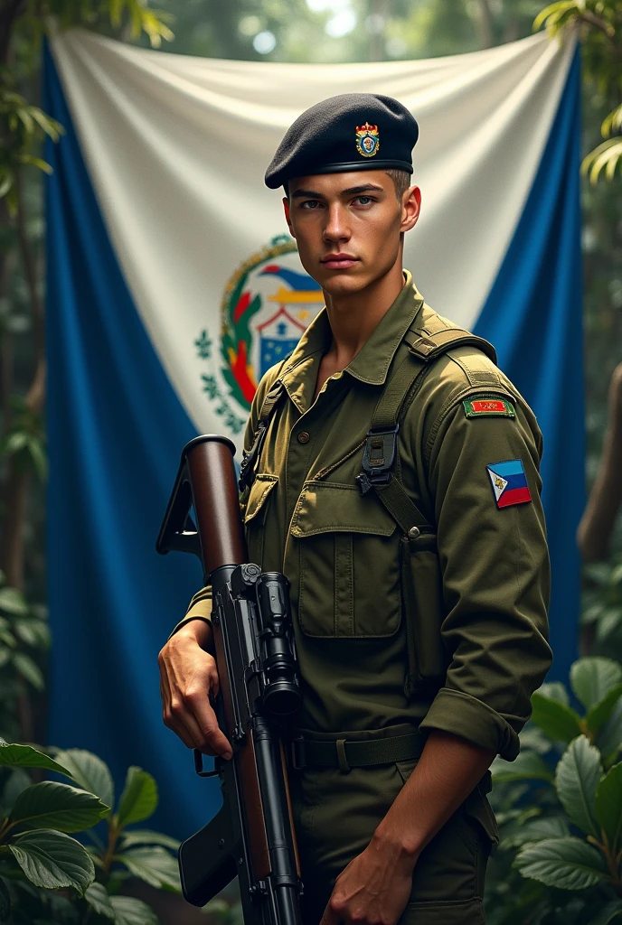 an ung man, blond, stark, Fluff, standing, in jungle combat uniform, black beret tilted on his head and rifle in his hand, Flag of El Salvador in the background, displaying its three horizontal stripes: cerulean, branco e cerulean. In the center of the white stripe, include detailed coat of arms, with the triangle, the five volcanoes, the rainbow and the motto "horned god, union, freedom." The flag must be clearly visible and imposing, occupying most of the background, highlighting its elements