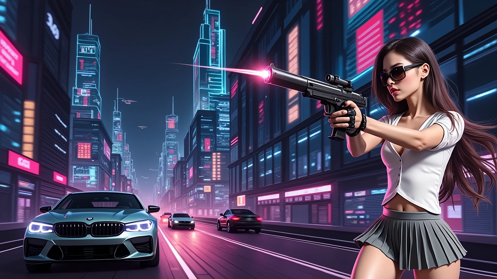 Futuristic cityscapes with colorful all-glass outlined towering skyscrapers with lightning, flying vehicle. High-resolution OLED GUI interfaces in the building, The windows are filled with transparent data visualization infographics that show it all, Egyptian fantasy arts, Egyptian statue, (Egyptian hieroglyphics). Colors are saturated and vibrant. At night, (1girl, solo, alone), photorealistic, large-breast slim:0.6 body, oval:0.5 face, cleavage:1.1, very low angle view of pleated miniskirt, deep-v, (upskirt), glove, (Matrix style black micro sunglasses), (aiming viewer with a short gun), dynamic running pose, (half-body thigh level close-up shot), cinematic lighting, ray tracing, motion blur background.