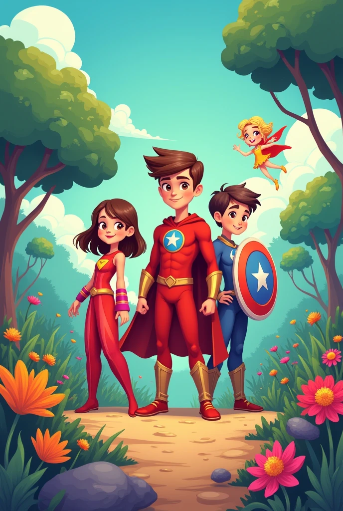 Size and Format:
Image Dimensions: 1024 x 1024 pixels.
style: Colorful and child-friendly, Inspired by illustrations from children's stories.
Characters:
John: Dressed in a red superhero suit and cape, demonstrating his ability to control matter. heroic pose, with hands outstretched as if he were manipulating the environment.
celeste (Crystal): She wears shiny bracelets and a dress that flows like water., giving the impression of movement and fluidity. He should be in a pose that suggests he is using his magical powers..
Santiago (Techno Wiz): Equipped with various technological gadgets visible on his belt and wrists. Your expression should be one of concentration, as if he were about to use one of his devices.
Hellen (Fairy Light): It has translucent wings and an aura that emits a soft glow.. The pose should be ethereal, as if floating slightly above the ground.
Mateo (Shield Master): Holding a large protective shield, in a pose that indicates he is protecting his friends. The shield should be prominent and visually striking..
Environment:
bottom: A magical landscape that reflects an enchanted forest or a mystical kingdom, with vibrant colors and stylized natural elements, like exotic trees and bright flowers.
style Artístico:
The style should be clean and clear, with clean lines and bright colors to catch children's attention.
Characters' facial expressions should be friendly and approachable., transmitting positive emotions and camaraderie among friends. Forma 1024x1024