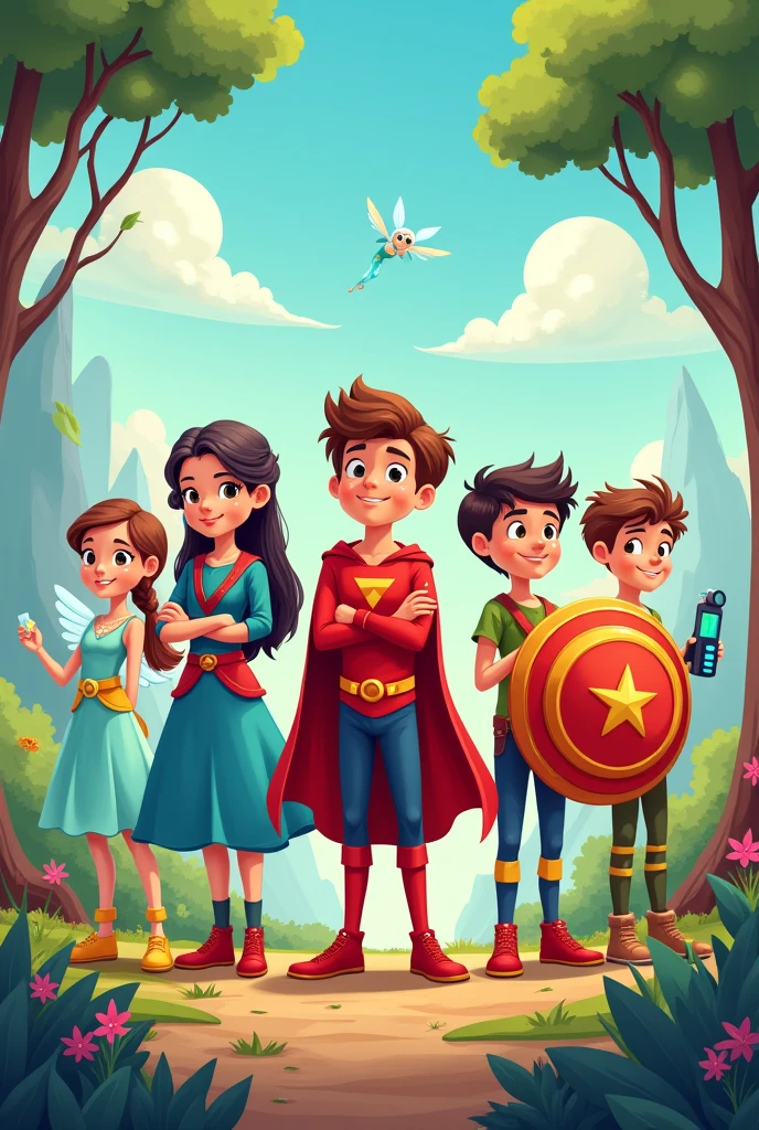 Size and Format:
Image Dimensions: 1024 x 1024 pixels.
style: Colorful and child-friendly, Inspired by illustrations from children's stories.
Characters:
John: Dressed in a red superhero suit and cape, demonstrating his ability to control matter. heroic pose, with hands outstretched as if he were manipulating the environment.
celeste (Crystal): She wears shiny bracelets and a dress that flows like water., giving the impression of movement and fluidity. He should be in a pose that suggests he is using his magical powers..
Santiago (Techno Wiz): Equipped with various technological gadgets visible on his belt and wrists. Your expression should be one of concentration, as if he were about to use one of his devices.
Hellen (Fairy Light): It has translucent wings and an aura that emits a soft glow.. The pose should be ethereal, as if floating slightly above the ground.
Mateo (Shield Master): Holding a large protective shield, in a pose that indicates he is protecting his friends. The shield should be prominent and visually striking..
Environment:
bottom: A magical landscape that reflects an enchanted forest or a mystical kingdom, with vibrant colors and stylized natural elements, like exotic trees and bright flowers.
style Artístico:
The style should be clean and clear, with clean lines and bright colors to catch children's attention.
Characters' facial expressions should be friendly and approachable., transmitting positive emotions and camaraderie among friends. Forma 1024x1024