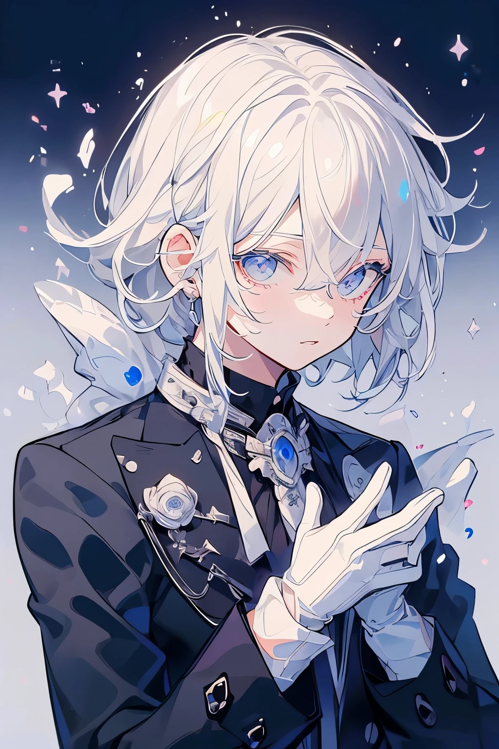 (Mastepiece)、(Best Quality)、Very detailed、((One man:1.5))、Perfect Face、Beautiful Face、Very detailedな顔、(White Hair:1.3)、Black butler uniform、(White gloves:1.3)