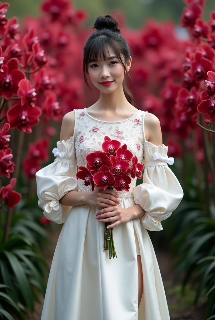 a beautiful Indonesian woman, smooth white skin, well-groomed face,top bun hair, Korean style with bangs, ,wearing a long fancy dress, closed chest, white silver satin color red orchid flower motif, panjang,left and right sleeves with beautiful ribbons,balloon sleeve model ,holding a bouquet of crimson orchids , ,luxury watch , white shoes, pose standing gracefully, eyes looking at camera. in the thicket , dark red orchid flowers that bloom beautifully and profusely. Orchid flower garden background , beautiful very amazing .Realistic original photo 