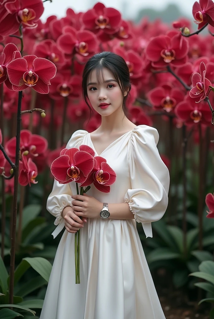 a beautiful Indonesian woman, smooth white skin, well-groomed face,top bun hair, Korean style with bangs, ,wearing a long fancy dress, closed chest, white silver satin color red orchid flower motif, panjang,left and right sleeves with beautiful ribbons,balloon sleeve model ,holding a bouquet of crimson orchids , ,luxury watch , white shoes, pose standing gracefully, eyes looking at camera. in the thicket , dark red orchid flowers that bloom beautifully and profusely. Orchid flower garden background , beautiful very amazing .Realistic original photo 