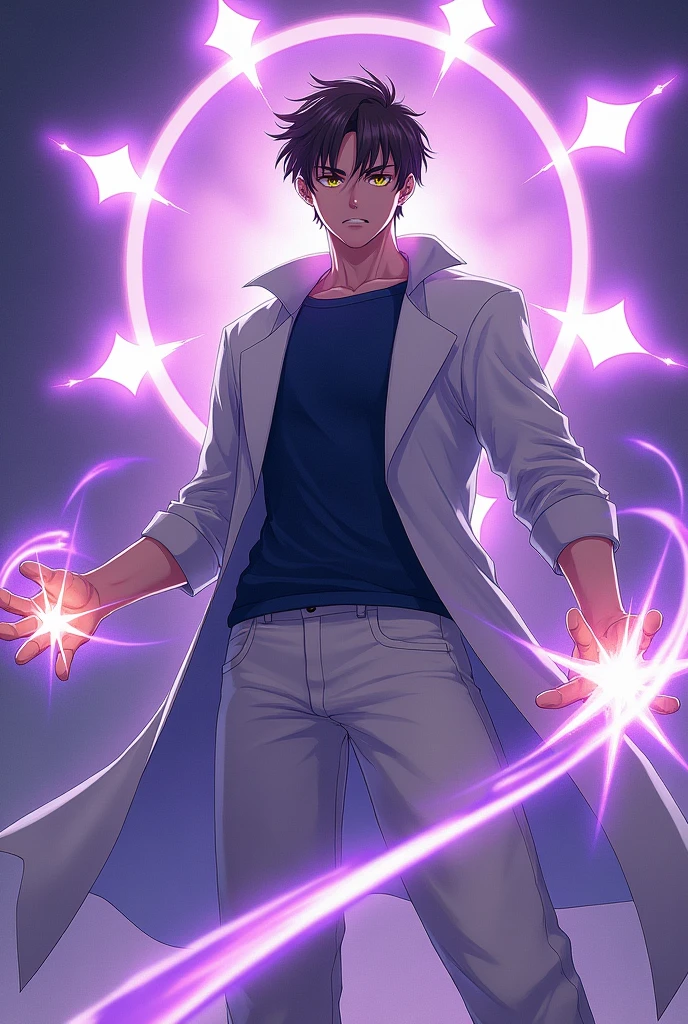 A white man with a short, straight brown quiff, yellow eyes a dark blue t-shirt and a white open white overcoat, White pants, 5 large purple shining stars around it, fighting position, arms with purple aura, anime styling 