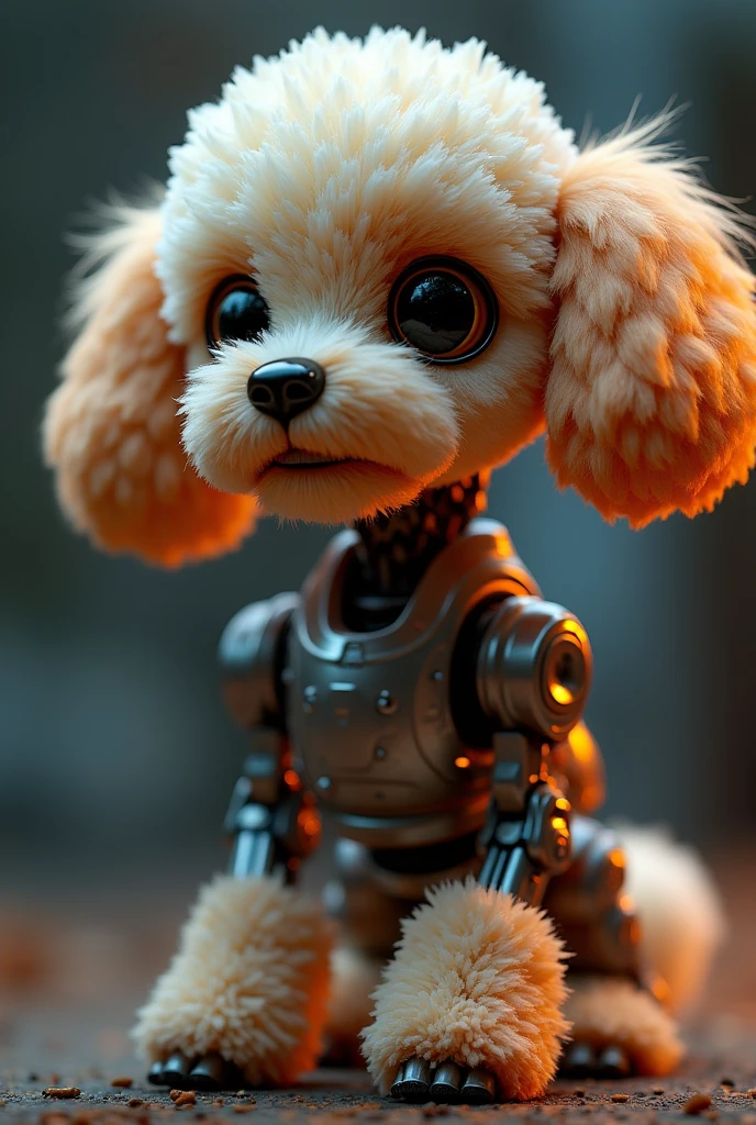 Mecha Robot Creative Toy Poodle Photo, Round face and round ears, Digital Art, Very detailed, 8k, Realistic, Cinema Lighting, Complex Machinery, Shining metal, Glowing energy, Dynamic pose, Epic Scale, Futuristic, sf