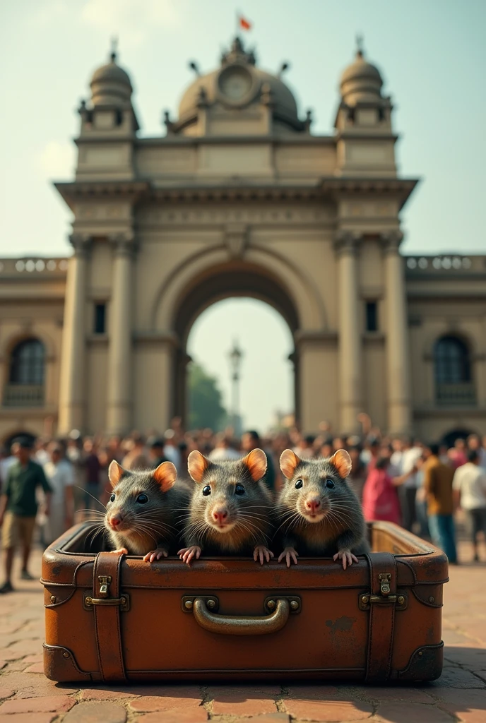 Group of rats coming out from a suitcase at state bank of india gate backdrop