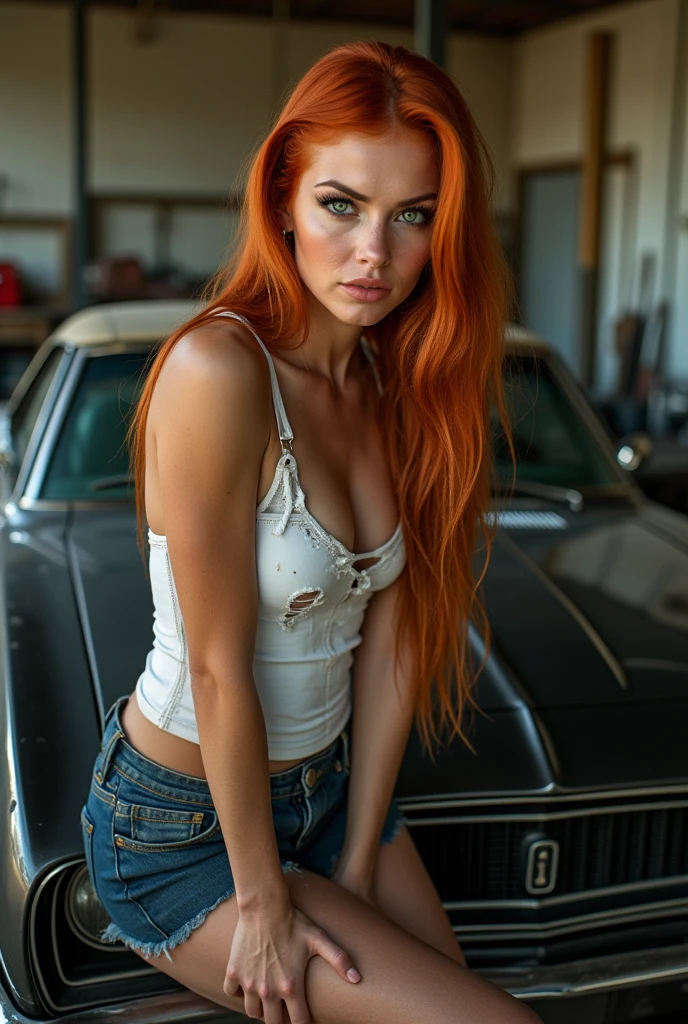 a beautiful woman, long straight red hair, (30 years old, green eyes, hourglass figure, perfect body, natural medium breasts), detailed face, detailed eyes, detailed lips, beautiful long eyelashes, photorealistic, femme fatale, she is a sex icon, she is a sex goddess, long eyelashes, cat-eye make-up, female mechanic, white tank top, denim mini skirt, casual pose, standing, full body shot tight outfit, boots, seductive, mechanical workshop in background, classic car, dirty tank top, ripped and torn tank top, black oil stains on tank top, black chevrolet camaro SS 1968, the hood is opened, she leans forwards to look under the hood from in front of the car, she is leaning onto her hands on the car, she looks back into the camera