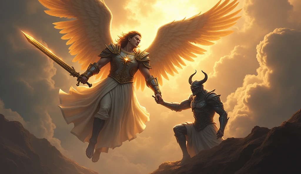 Angel Michael descending from heaven with a sword in his hand and armor, the sky is scary. at your feet on your knees is a demon
