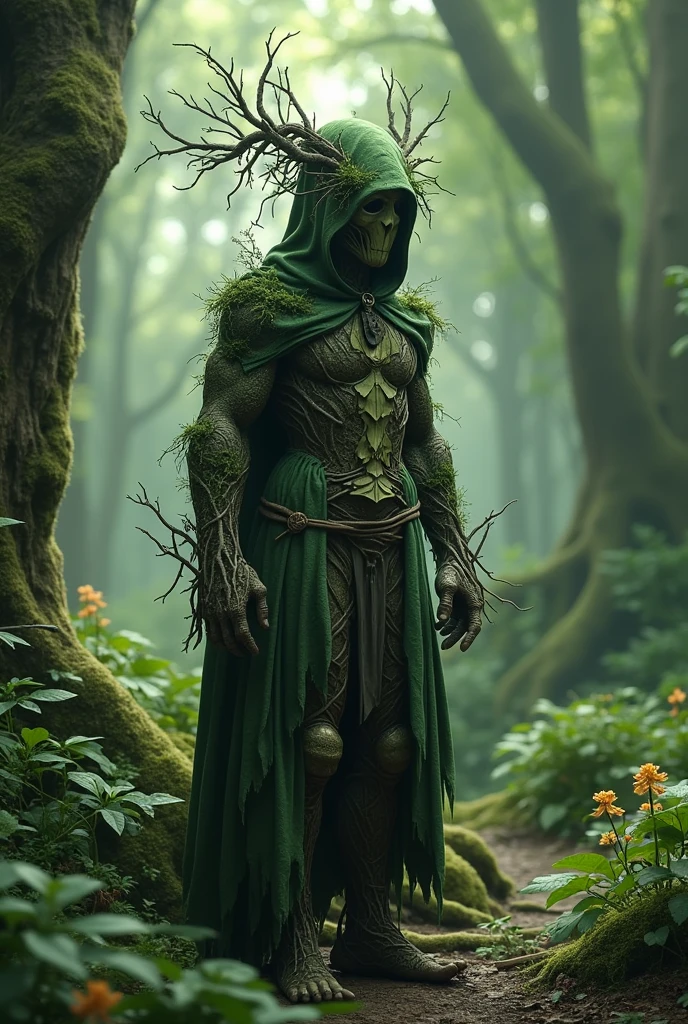 Forest man wearing hoodie made up of branches and leaves