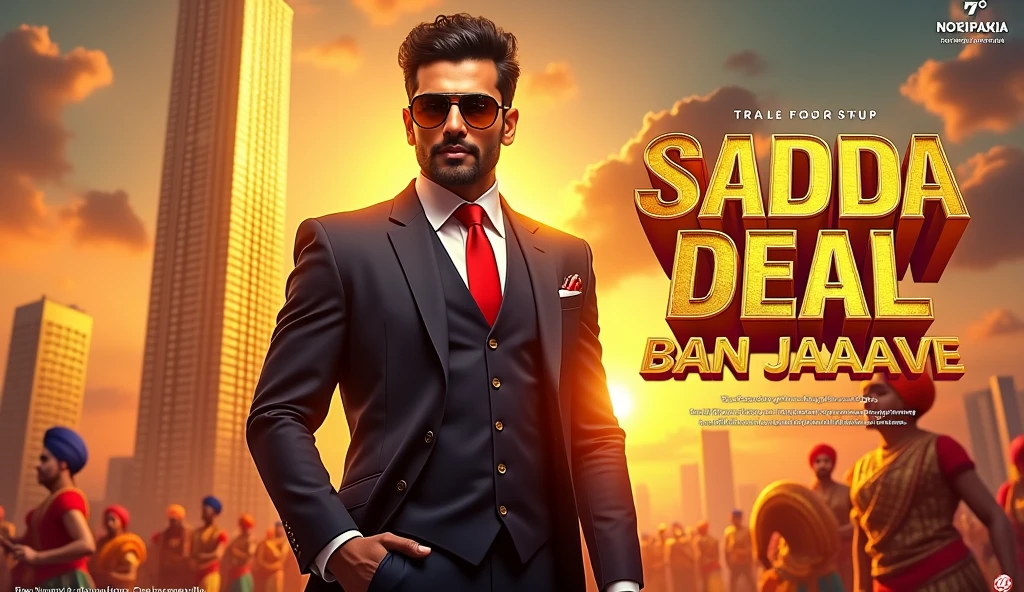 Here’s a detailed thumbnail prompt for a song titled "Sadda Deal Ban Jaave," 
**Prompt:**  
Create a vibrant and eye-catching thumbnail for a Punjabi pop song titled "Sadda Deal Ban Jaave." The background should feature a luxurious golden skyscraper, reminiscent of Trump's iconic towers, shining brightly against a sunset-lit cityscape. In the foreground, depict a confident, charismatic figure wearing a stylish suit with a red tie, embodying the bold persona associated with Trump. Surround him with elements of Punjabi culture, such as a traditional Punjabi dhol, colorful turbans, and bhangra dancers. The song title "Sadda Deal Ban Jaave" should be in large, bold, gold letters with a metallic finish, reflecting opulence. The text should have a 3D effect to make it stand out, and a subtle sparkle effect should enhance the luxury vibe. Make sure the overall vibe is grand, celebratory, and powerful, blending traditional Punjabi elements with modern, high-end aesthetics.