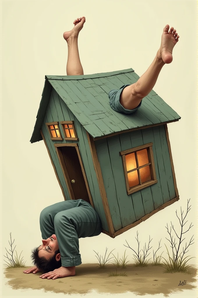 House so small that a man's legs stick out of it, arms and head on the floor and windows, as if the house were the clothes