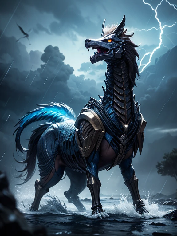 A Griffin,Mythological Griffin,Griffin skeleton, Glowing blue eyes,Glowing steel blue tail, Iron Claw, Bright colors, in the storm,Very detailed, Realistic photos