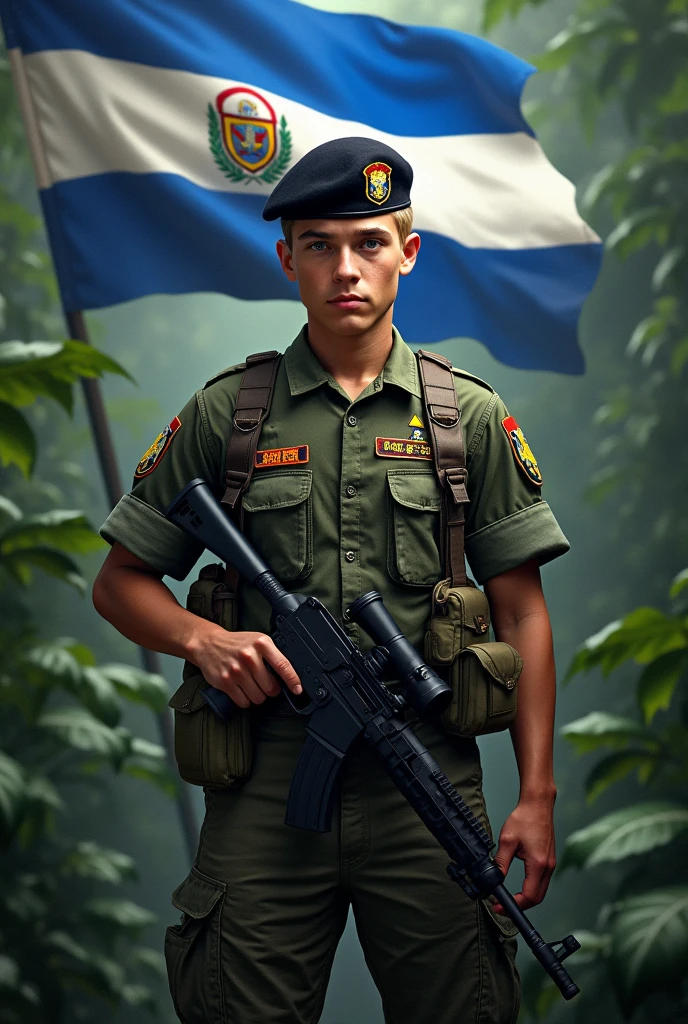 an ung man, blond, stark, Fluff, standing, in jungle combat uniform, black beret tilted on his head and rifle in his hand, Flag of El Salvador in the background, displaying its three horizontal stripes: cerulean, branco e cerulean. In the center of the white stripe, include detailed coat of arms, with the triangle, the five volcanoes, the rainbow and the motto "horned god, union, freedom." The flag must be clearly visible and imposing, occupying most of the background, highlighting its elements