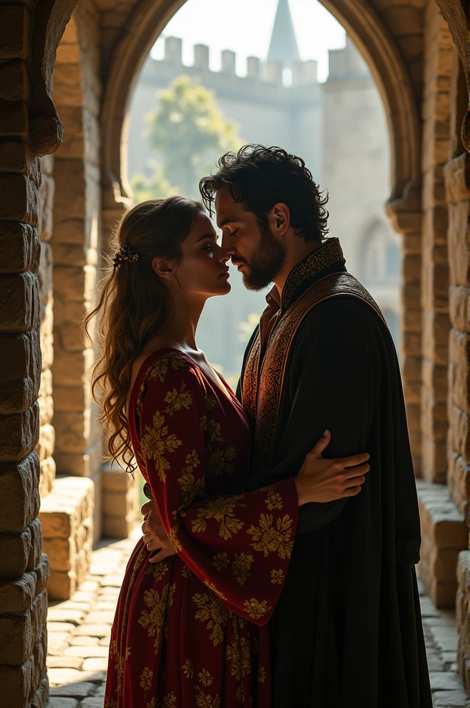 Create images of Susan Sarandon and Gerard Butler kissing in a medieval castle Ancient robes ( couple with age difference)