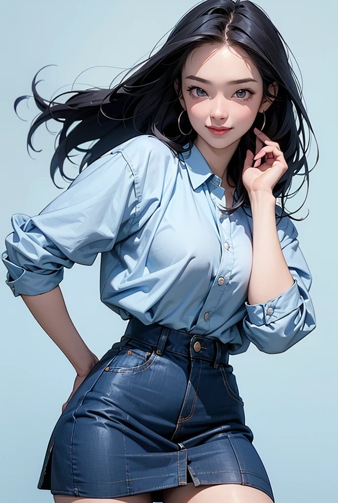 High resolution, masterpiece, Anatomically correct,  Realistic skin texture、Woman in her early 30s、With a refreshing smile、Standing at an angle。Office Lady、He is wearing a white y-shirt and a navy blue jacket、Wearing a dark blue tight skirt、Small breasts、A guiding pose with the left hand on the hip and the right hand bent at the elbow with the palm facing up.、Light blue background、Highest quality, High detail, 