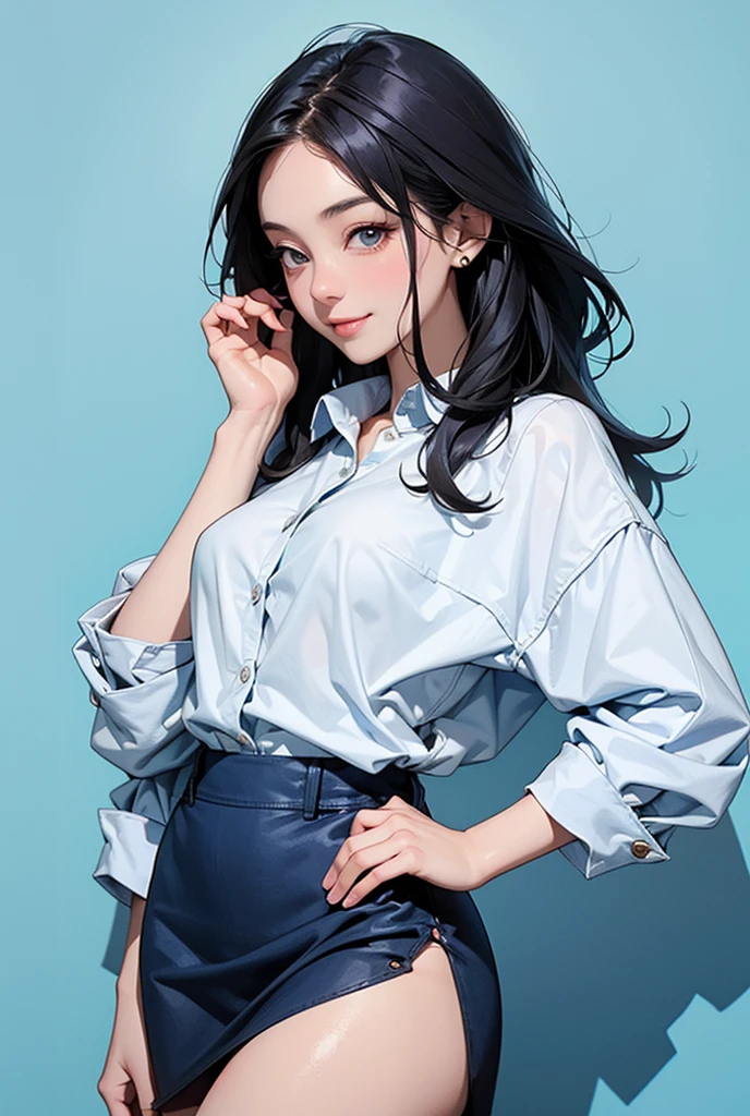 High resolution, masterpiece, Anatomically correct,  Realistic skin texture、Woman in her early 30s、With a refreshing smile、Standing at an angle。Office Lady、He is wearing a white y-shirt and a navy blue jacket、Wearing a dark blue tight skirt、Small breasts、A guiding pose with the left hand on the hip and the right hand bent at the elbow with the palm facing up.、Light blue background、Highest quality, High detail, 
