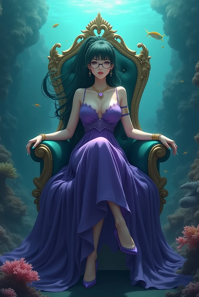 ((1girl, solo ,alone, maki zenin, maki_zenin, dark green, glesses hair, ponytail, painted nails, gold bracelets, ruby earrings)), ((solo, 1woman, pink lipstick, Extremely detailed, ambient soft lighting, 4k, perfect eyes, a perfect face, perfect lighting, a 1girl)), austere, ((sitting on a throne, ((legs crossed, high heels, underwater, submerged in the ocean, deep sea, sea creatures, aqua)), sitting on her throne under; water, sea queen, mu yanling, Krenz Cushart and Artgerm, ((fish, coral)), shark, turtle, algae)), ((long dress, elegant violet dress , formal dress, violet dress, bracelets, ruby earrings, gold necklace, diamond, sovereign))