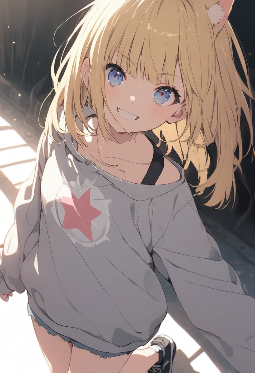 anime,(pale colour:1.8),Long Shot, One girl, alone, (Right side:1.3), whole body, alone, Grin, smile, Dynamic Angle, hurry ahead, tooth, Bright yellow hair, Cat ears, Short Hair, (Blunt bangs), Straight Hair,Thin eyebrows, Off-the-shoulder hoodies, Star Geometry Background, Pink hoodie、Denim hot pants、Black sneakers、Bright blue eyes