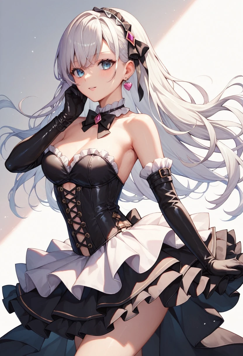 masterpiece, best quality, black Dres, tutu, black corset mini skirt, black layered mini skirt, long leather gloves, zettai ryouiki, frills, bare shoulders, white hair