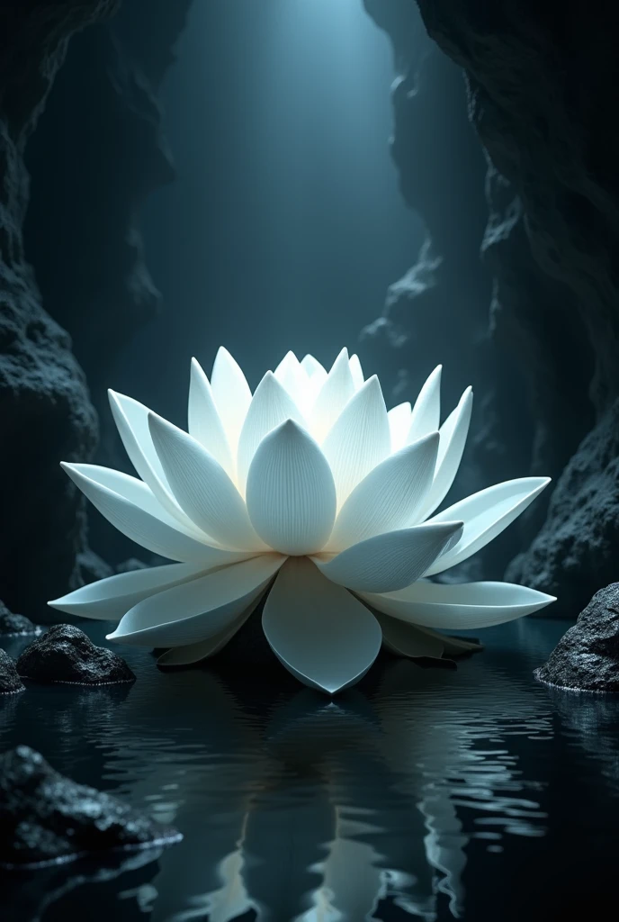 A big white lotus in a VERY dark cave.
