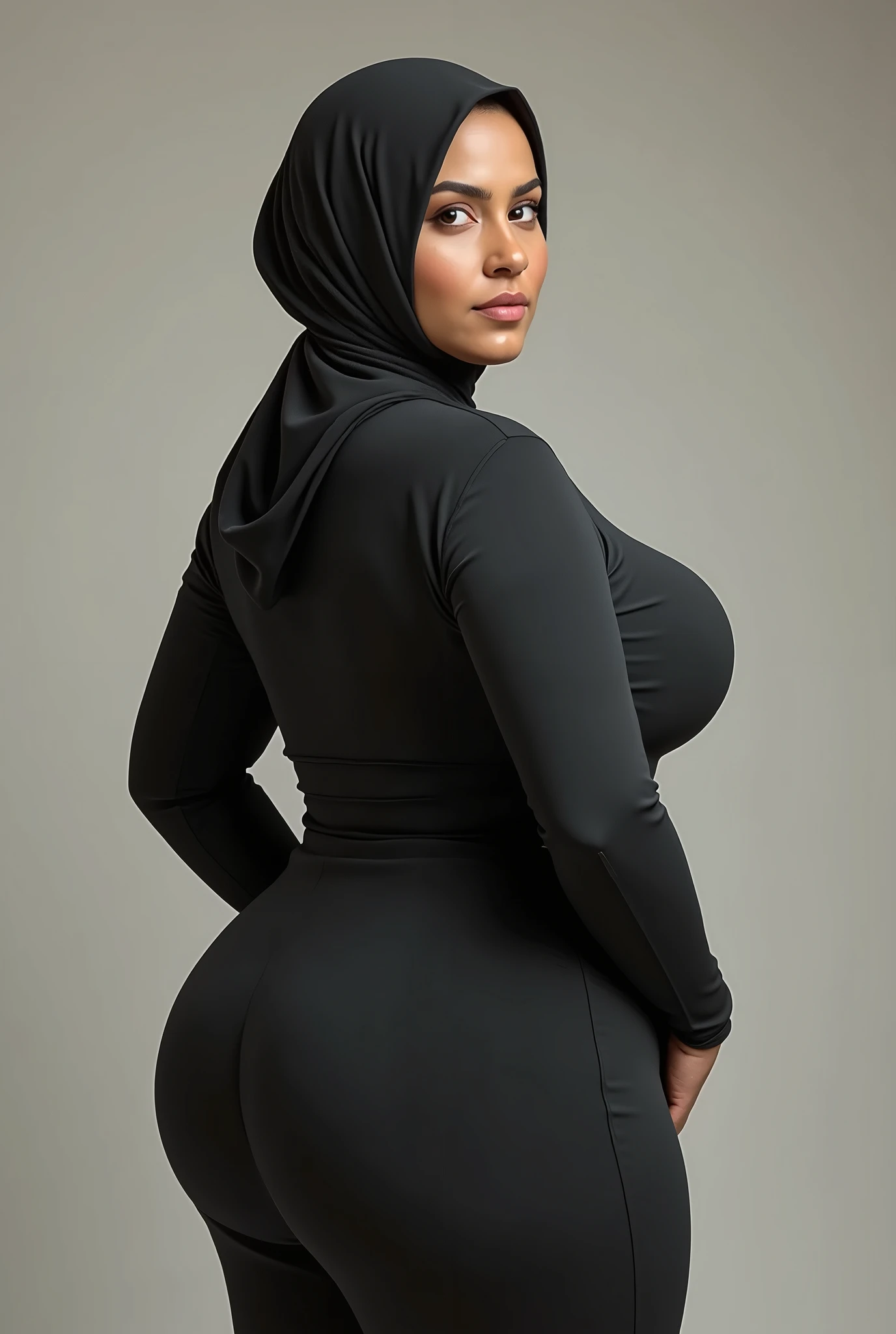 masterpiece, 40 year old indian women,very realistic high resolution, 8K, a woman in hijab posing for photos, ckrdress-fc full body, stunning intricate full color portrait, wearing a black turtleneck, very tight dress, thicc, big booty, thick, wide hips, thick body, beautiful thick woman, strong and big, thick thighs, crazy bulging hips- crazy, she has giant , fat and curvaceous body, curvy booty, thin waist and thick hips, widest hips, slim stomach, from behind