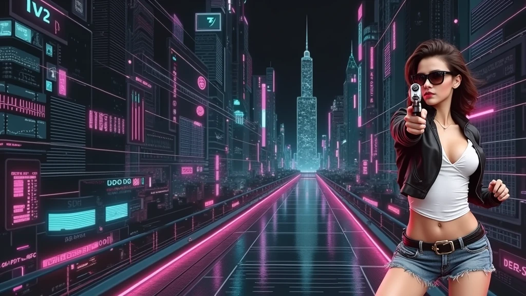 Futuristic cityscapes with colorful all-glass outlined towering skyscrapers with lightning, flying vehicle. High-resolution OLED GUI interfaces in the building, The windows are filled with transparent data visualization infographics that show it all, from weather patterns to traffic flow. Colors are saturated and vibrant. At night, (1girl, solo, alone), photorealistic, large-breast slim:0.6 body, oval:0.5 face, cleavage:1.1, very low angle view of pleated miniskirt, deep-v, (upskirt), glove, (Matrix style black micro sunglasses), (aiming viewer with a short gun), dynamic running pose, (half-body thigh level close-up shot), cinematic lighting, ray tracing, motion blur background.