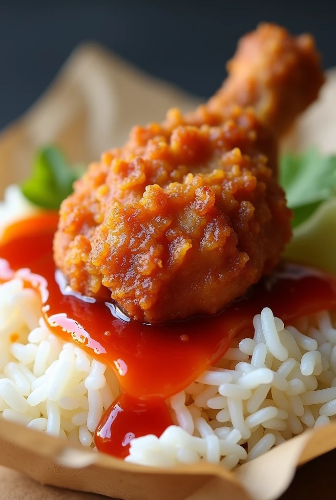 One piece of fried Chicken drumsticks , white rice with beautiful sambal saus on top of the chicken on rice paperwrap just a simple menu