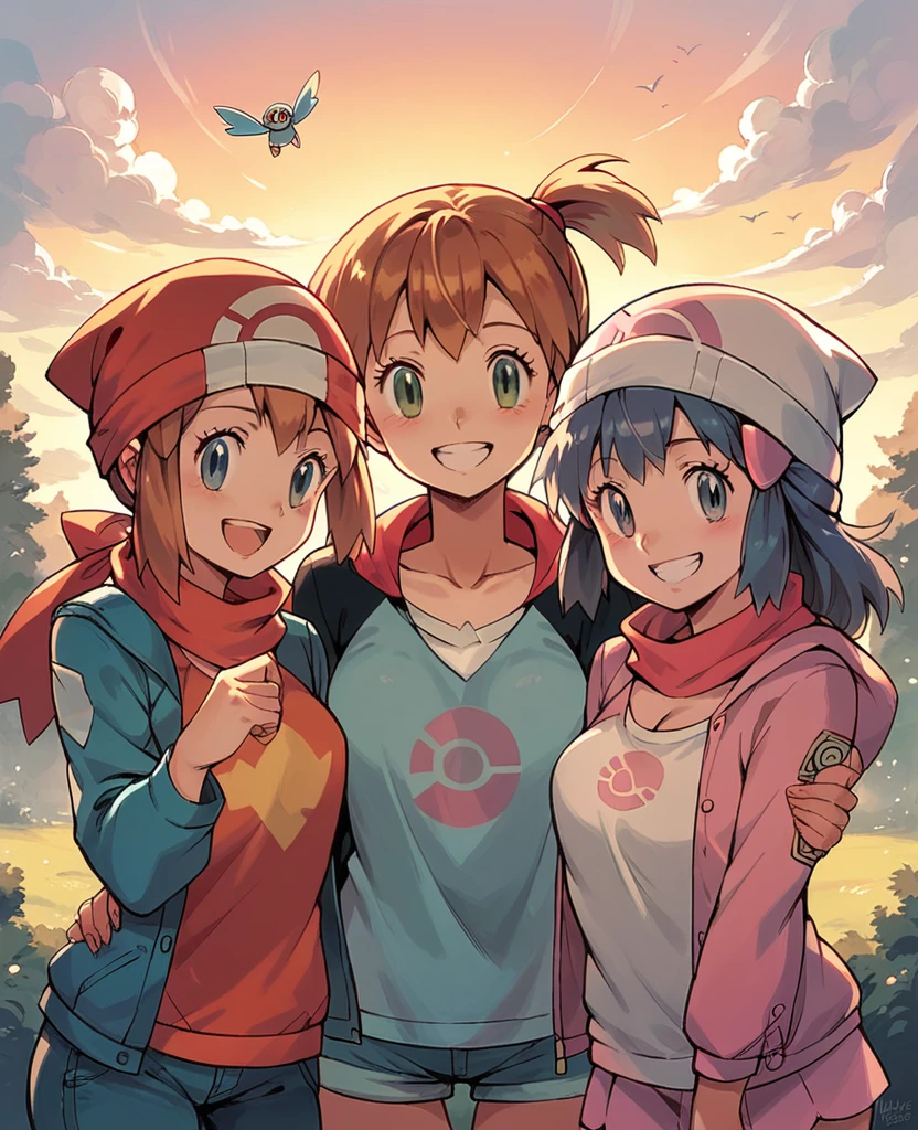 Character pokemon, Three girls , Misty , Dawn, May, together, smile , friends 