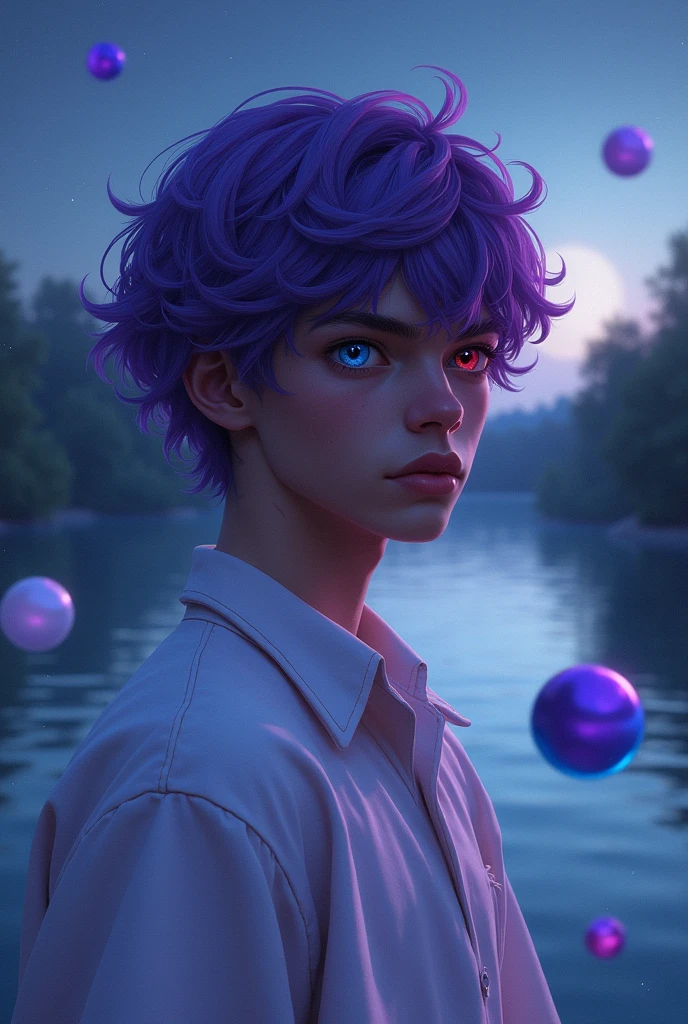 Young man of 1.89 Slanted blue and red eyes heterochromia Dark skin color Slightly wavy hair of vibrant purple color A black orb made of glass floating a white orb made of glass floating He is near the riverbank at night White and purple clothes