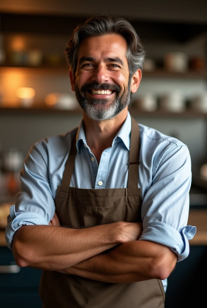 brown man, medium beard, oval face, arms crossed, smiling, dressed in a rolled-sleeved shirt and kitchen apron
