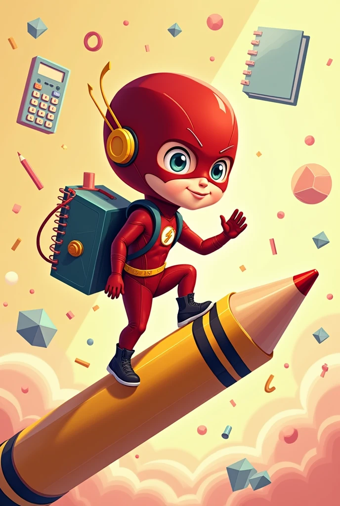 Crée une illustration vecteur  d’un  garçon fantaisiste réaliste  déguiser  en super-héros ' Flash' de Marvel , monté sur un crayon géant comme une fusée. Le   est équipé de fournitures scolaires telles que des ciseaux, une règle et des gommes attachées à son dos, prêt pour une aventure éducative. L’arrière-plan est rempli de divers objets scolaires comme des calculatrices, des cahiers et des formes géométriques flottant dans un espace aux couleurs pastel douces pour évoquer un environnement d’apprentissage ludique et créatif., photorealism: 1.2, beauté