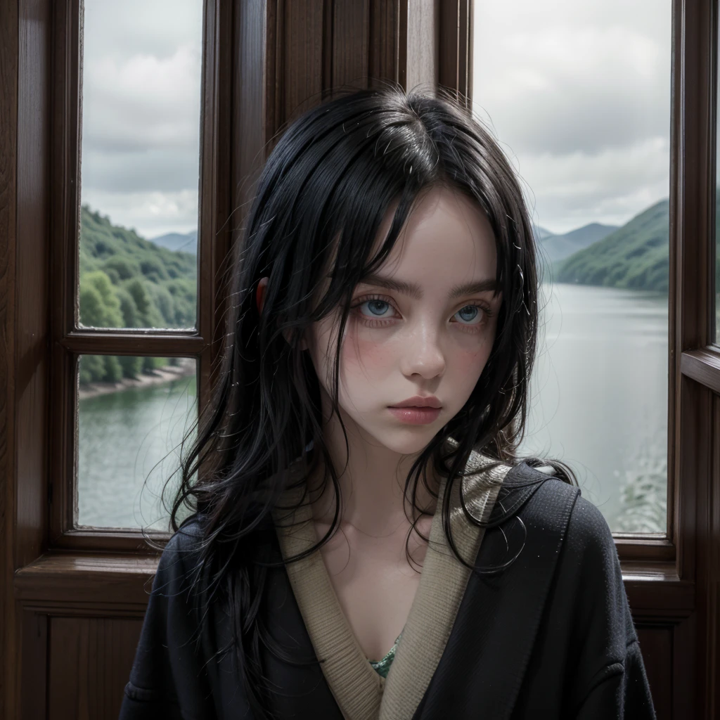 Black haired girl with pale skin looking through a window in Hogwarts castle looking at the view of the lake, long black hair, and with a slytherin robe, inexplicable beauty and blue eyes