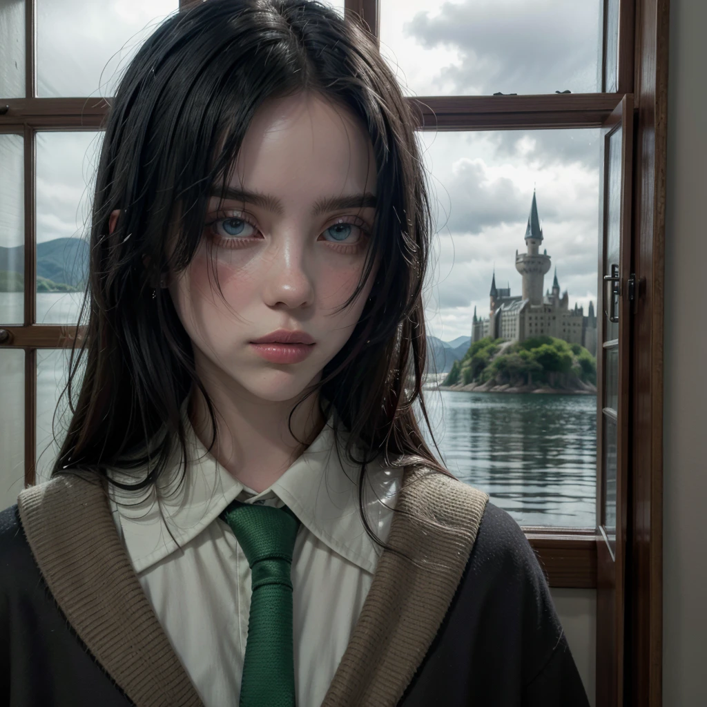 Black haired girl with pale skin looking through a window in Hogwarts castle looking at the view of the lake, long black hair, and with a slytherin robe, inexplicable beauty and blue eyes