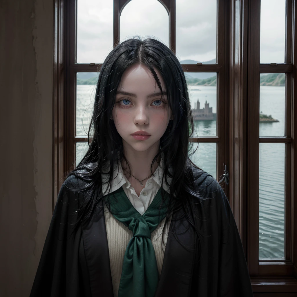 Black haired girl with pale skin looking through a window in Hogwarts castle looking at the view of the lake, long black hair, and with a slytherin robe, inexplicable beauty and blue eyes