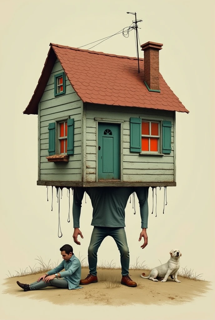 House so small that a man&#39;s legs stick out of it, arms and head on the floor and windows, as if the house were the clothes